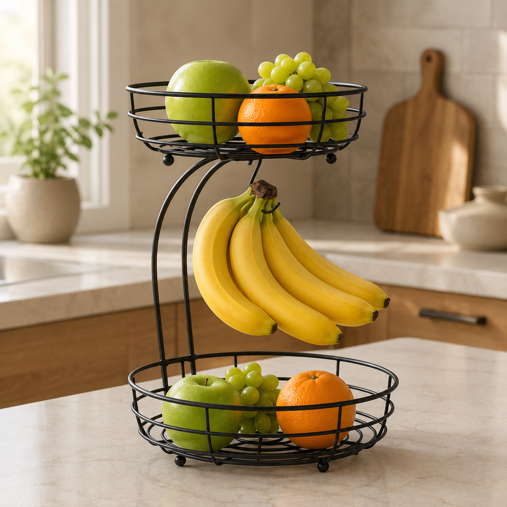 2-Tier Metal Fruit Basket with Banana Hanger in a styled home or garden setting