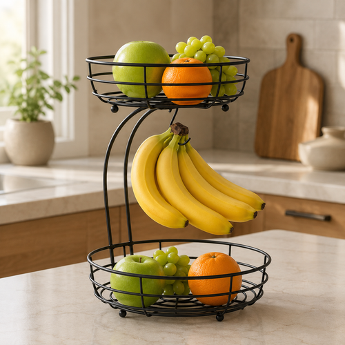 2-Tier Metal Fruit Basket with Banana Hanger in a styled home or garden setting