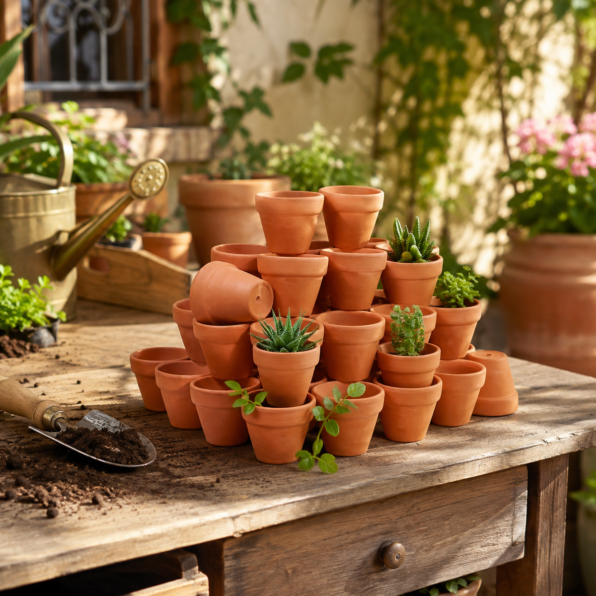 50-Pack Mini Terracotta Pots with Drainage Holes | 3.3 cm in a styled home or garden setting