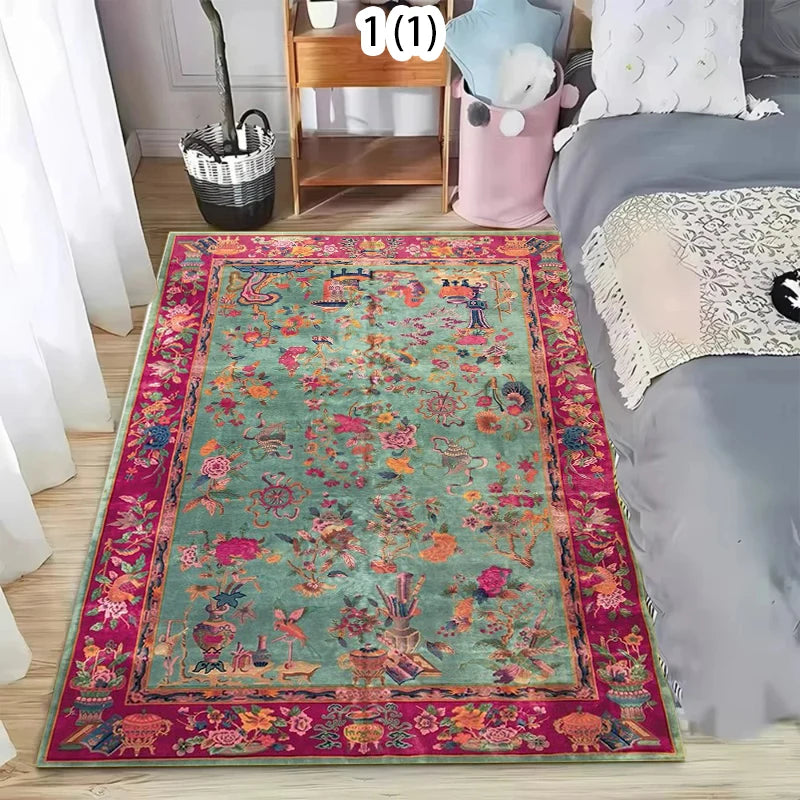 Boho Floral Washable Area Rug | Green & Pink Non-Slip Carpet
