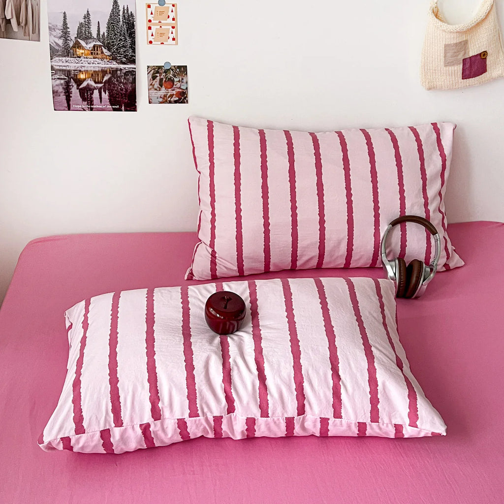 Pink & Blue Striped Brushed Bedding Set | 3 Piece