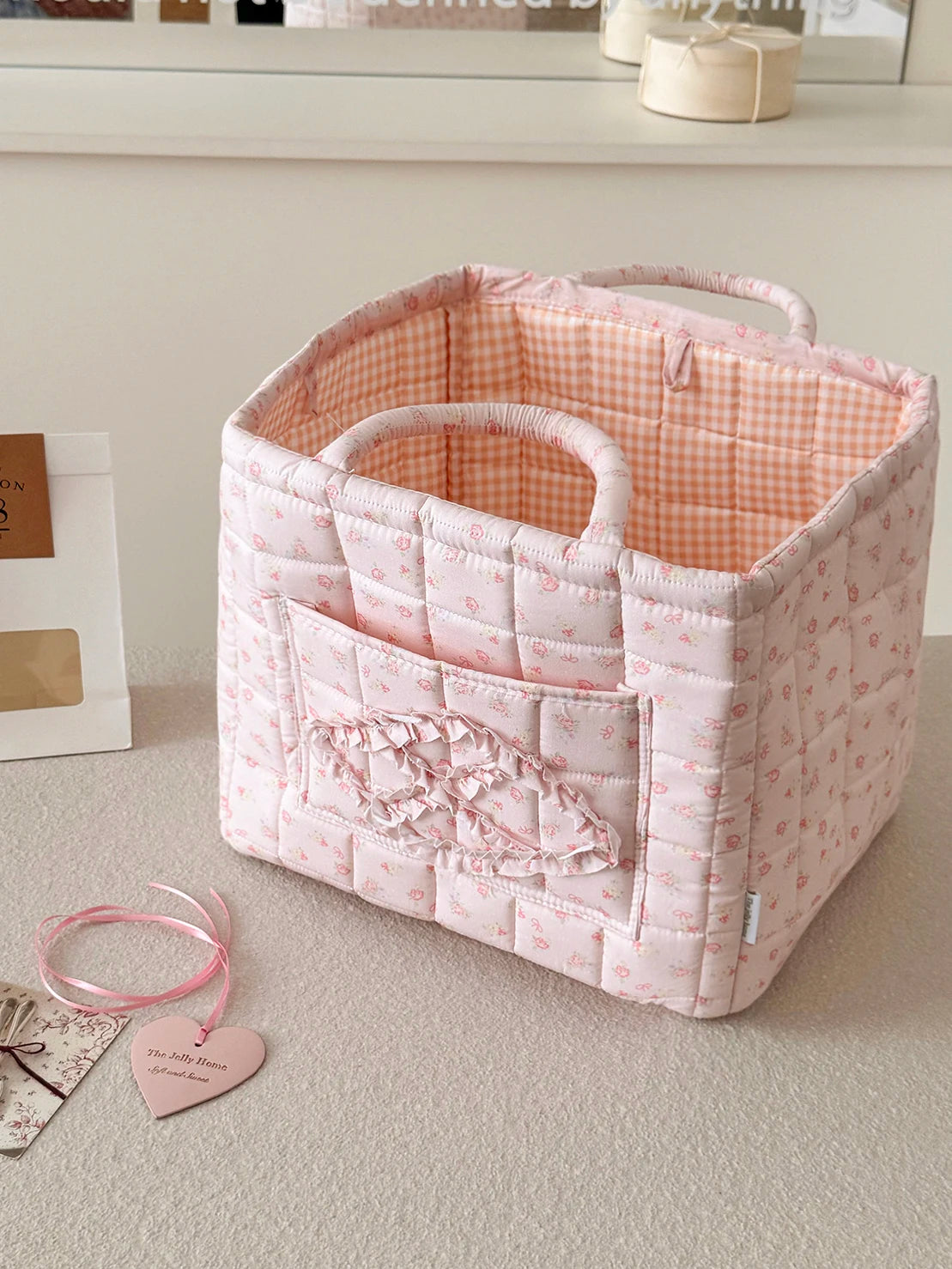 Quilted Floral Pet Toy Storage Basket with Handles