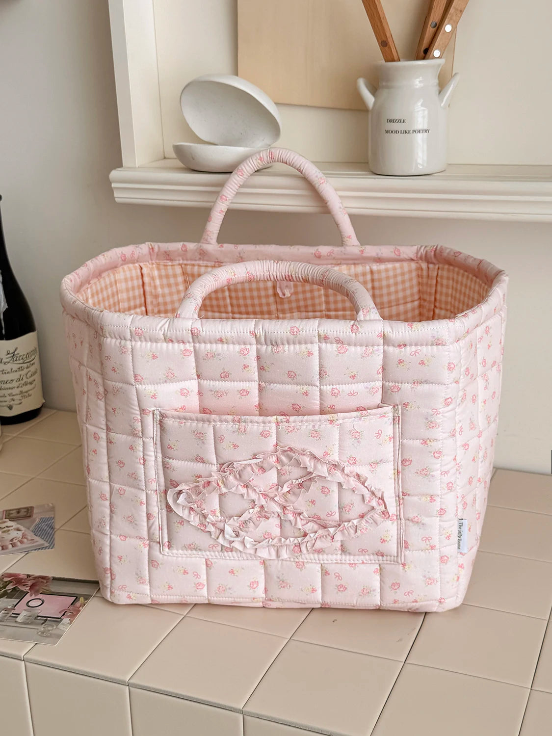 Quilted Floral Pet Toy Storage Basket with Handles