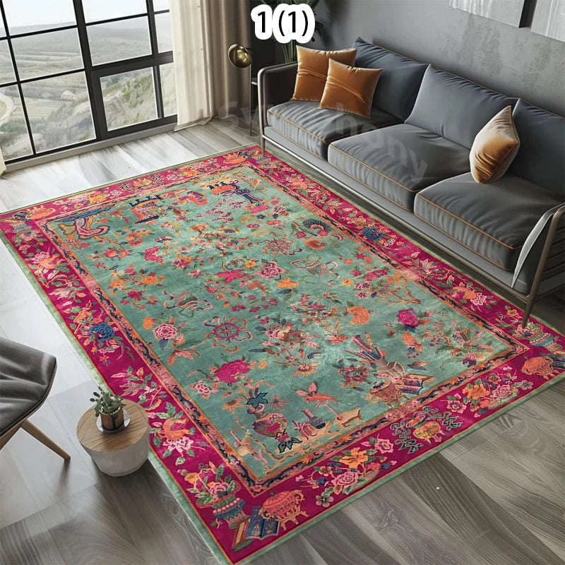 Boho Floral Washable Area Rug | Green & Pink Non-Slip Carpet
