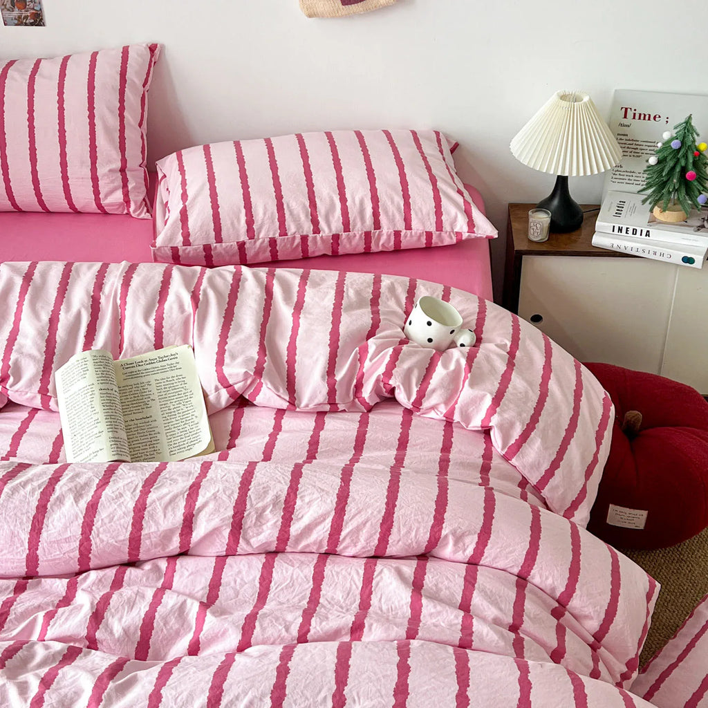 Pink & Blue Striped Brushed Bedding Set | 3 Piece