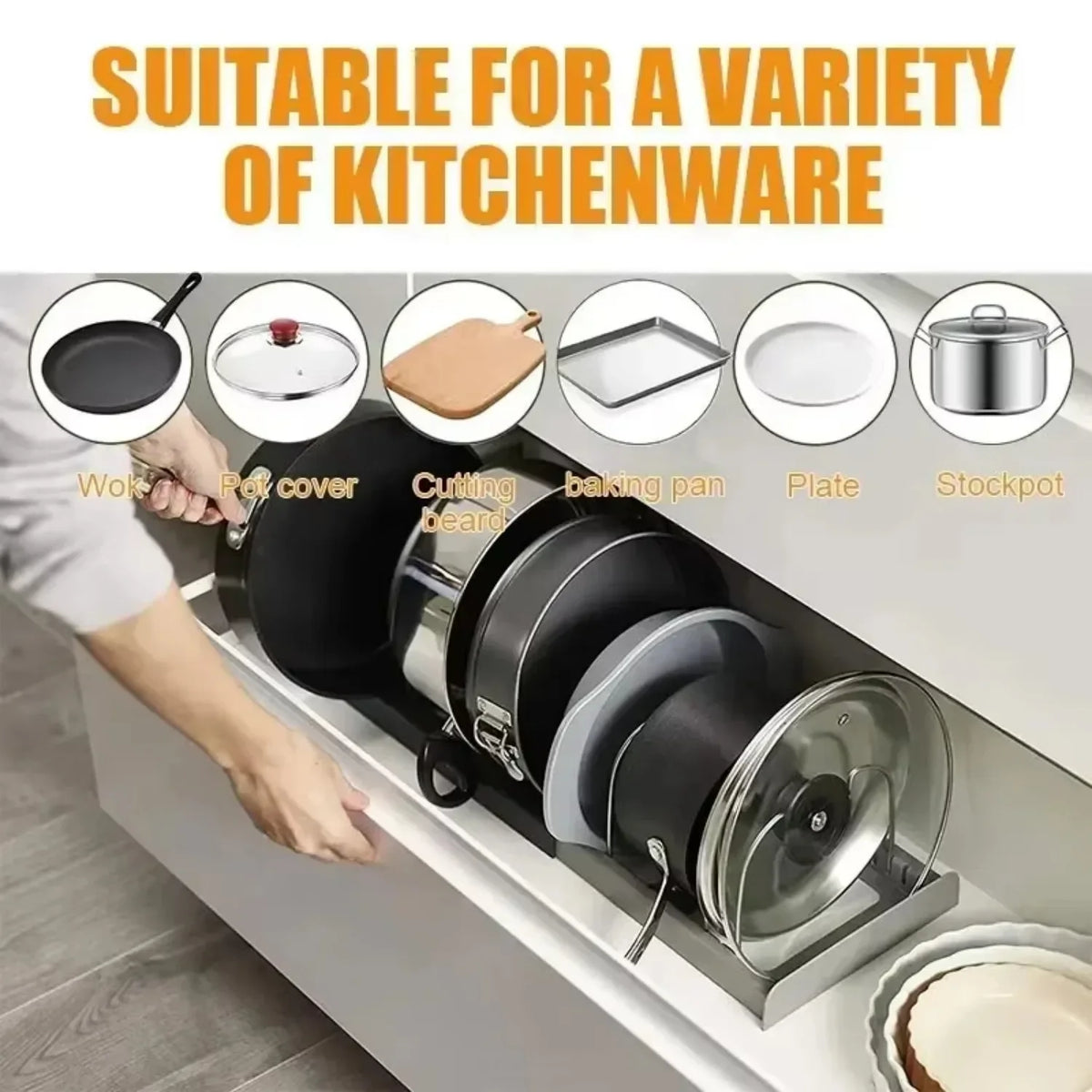 Expandable Pot & Pan Cabinet Organiser with Adjustable Dividers