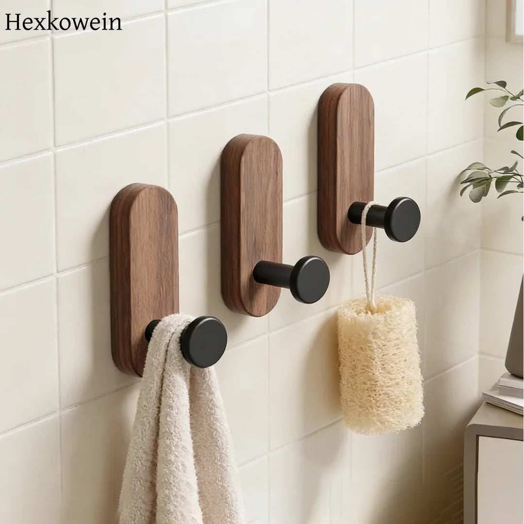 Self-Adhesive Wooden Wall Hooks for Coats, Towels & Keys