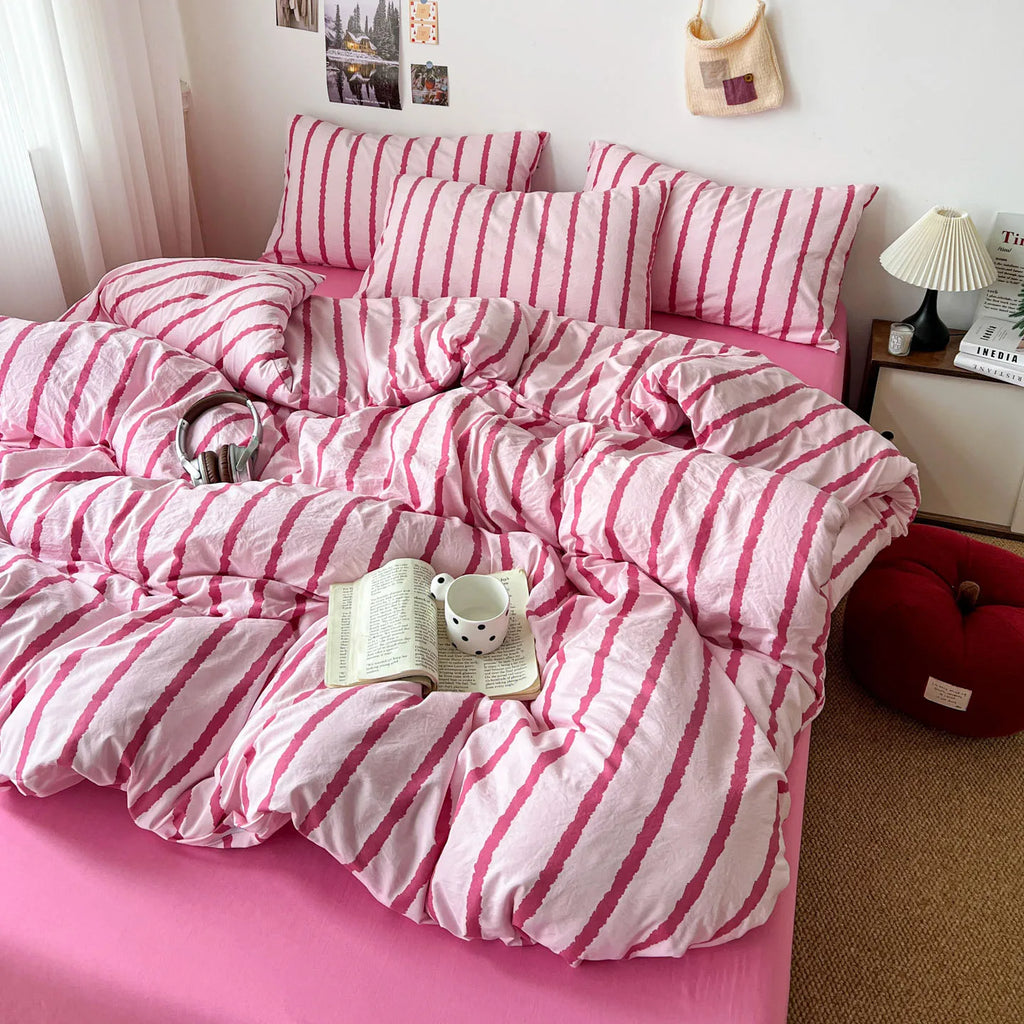 Pink & Blue Striped Brushed Bedding Set | 3 Piece