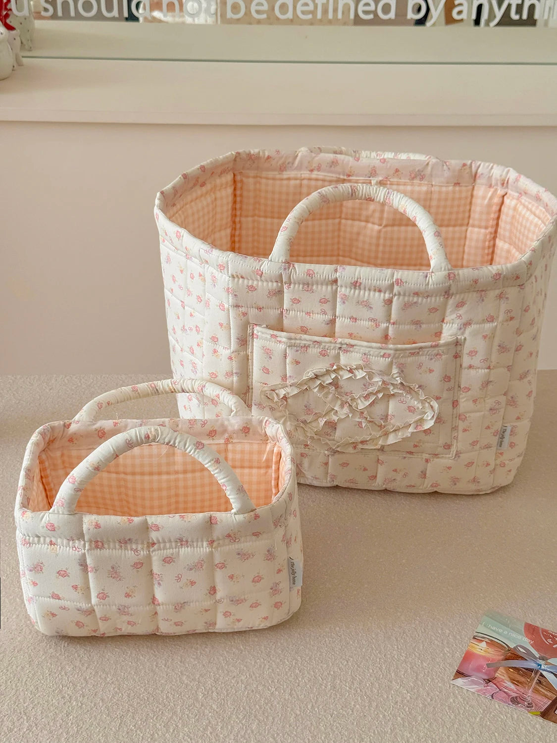 Quilted Floral Pet Toy Storage Basket with Handles