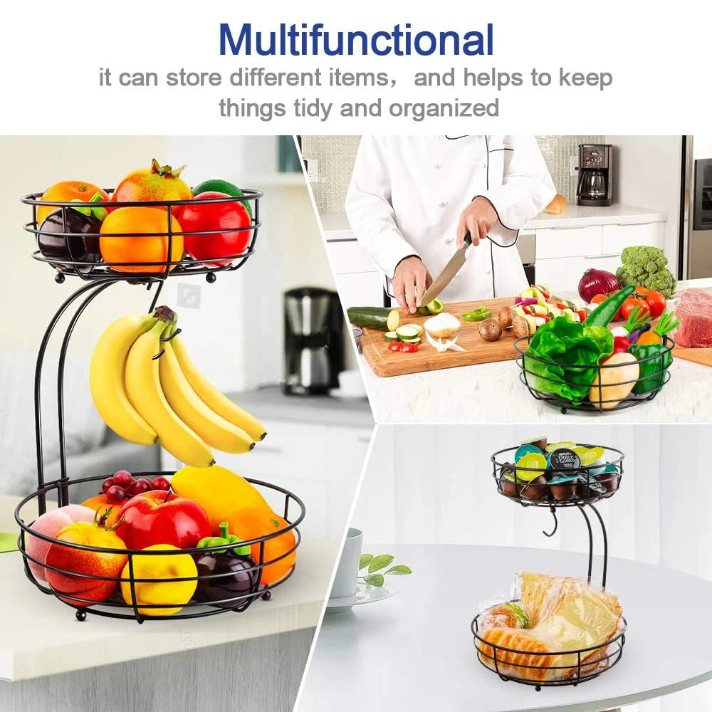 2-Tier Metal Fruit Basket with Banana Hanger