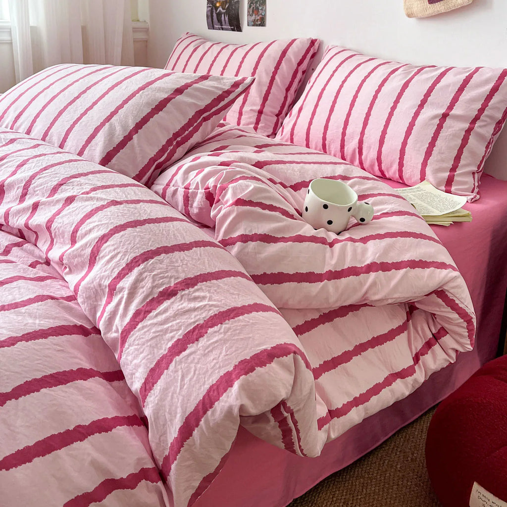 Pink & Blue Striped Brushed Bedding Set | 3 Piece