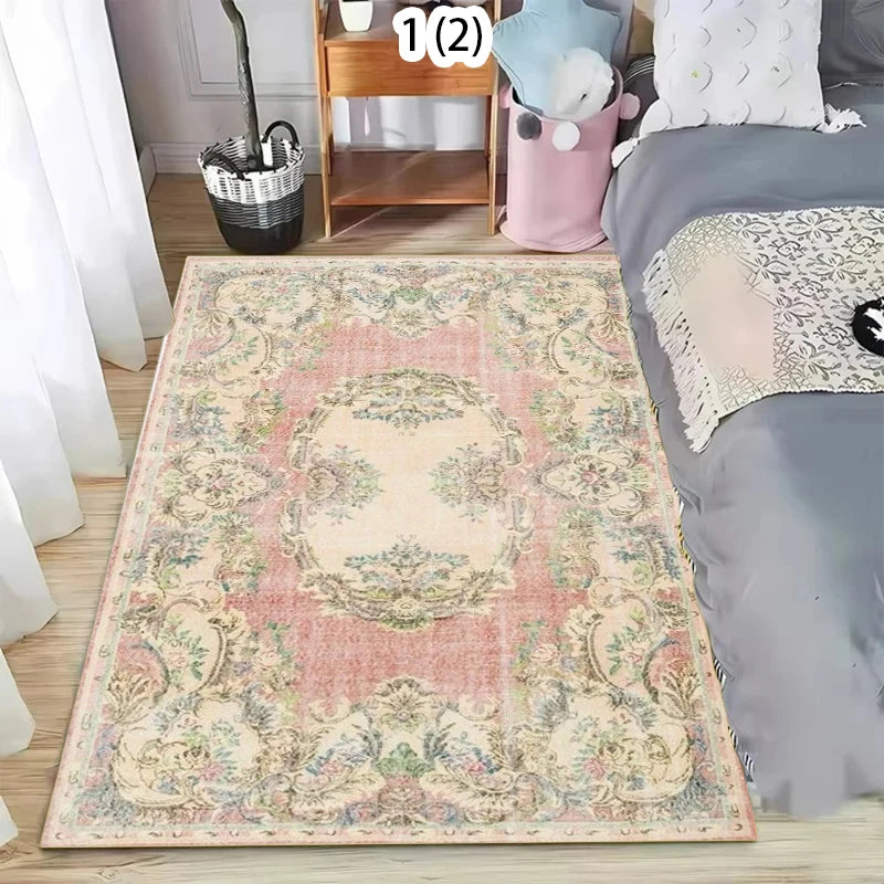 Boho Floral Washable Area Rug | Green & Pink Non-Slip Carpet