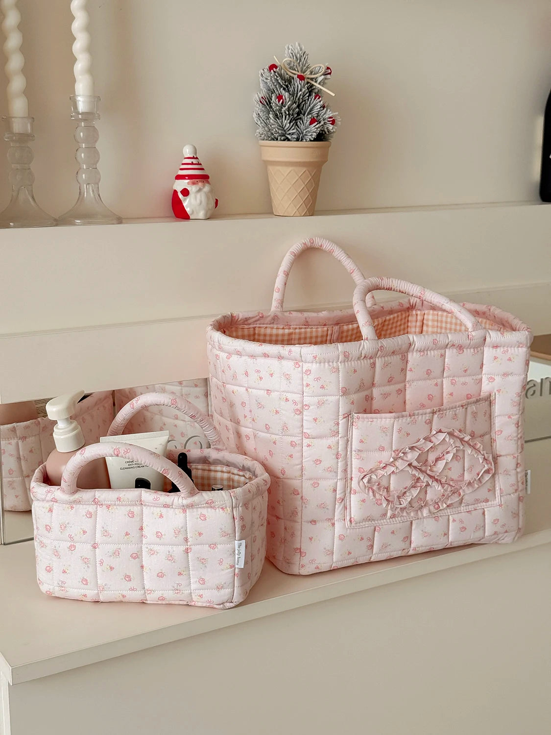 Quilted Floral Pet Toy Storage Basket with Handles
