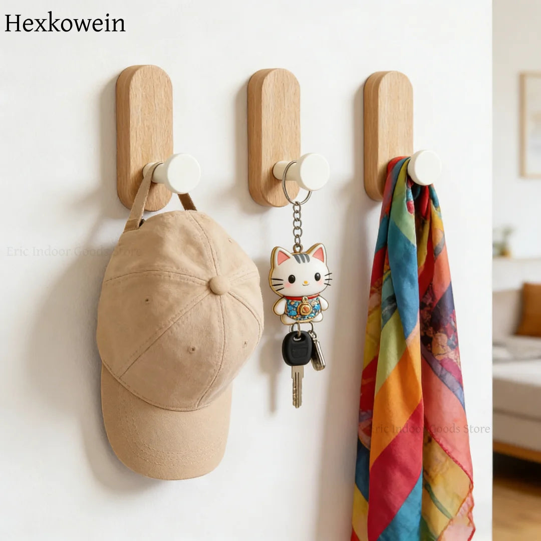 Self-Adhesive Wooden Wall Hooks for Coats, Towels & Keys