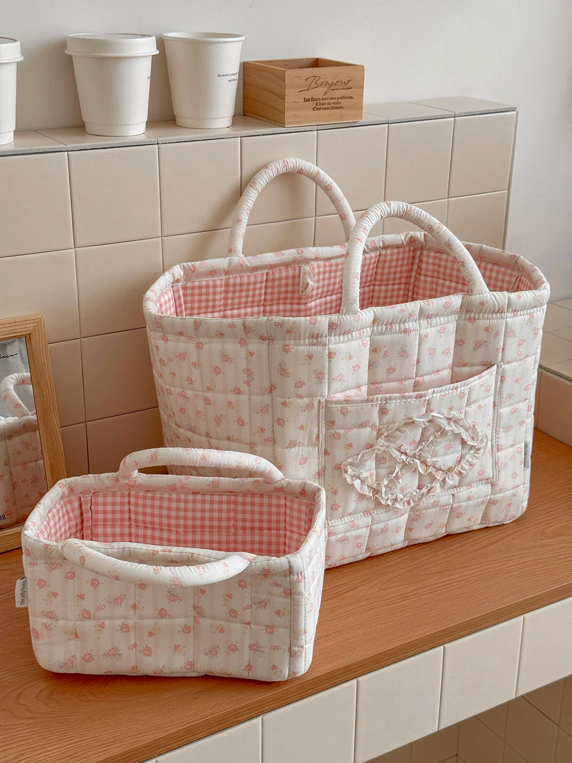 Quilted Floral Pet Toy Storage Basket with Handles