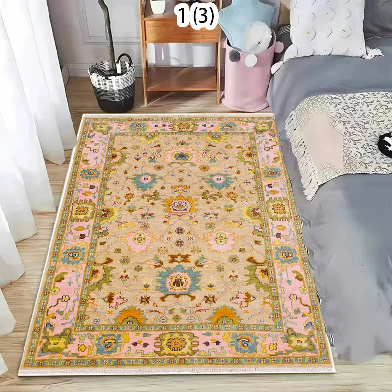 Boho Floral Washable Area Rug | Green & Pink Non-Slip Carpet
