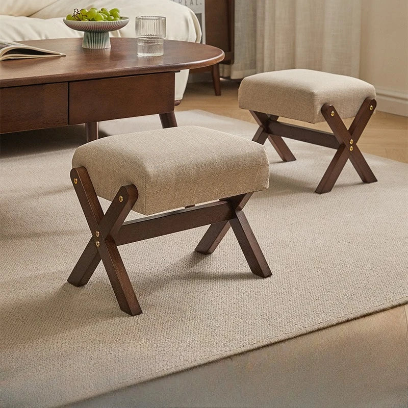 Antique-Style Cushioned Wooden Footstool