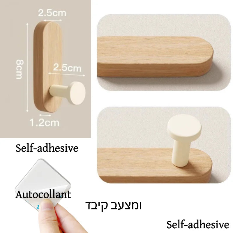 Self-Adhesive Wooden Wall Hooks for Coats, Towels & Keys