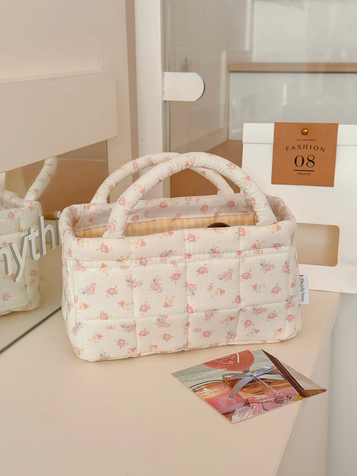 Quilted Floral Pet Toy Storage Basket with Handles
