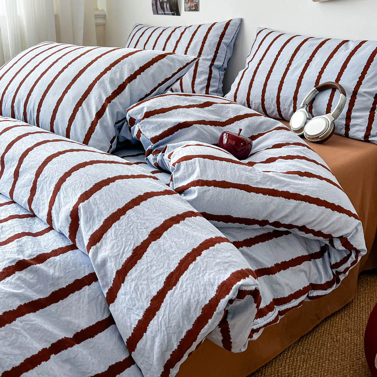 Pink & Blue Striped Brushed Bedding Set | 3 Piece