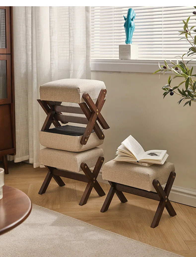 Antique-Style Cushioned Wooden Footstool