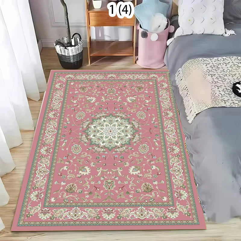 Boho Floral Washable Area Rug | Green & Pink Non-Slip Carpet