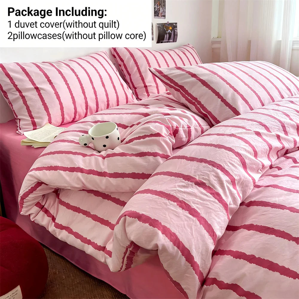Pink & Blue Striped Brushed Bedding Set | 3 Piece