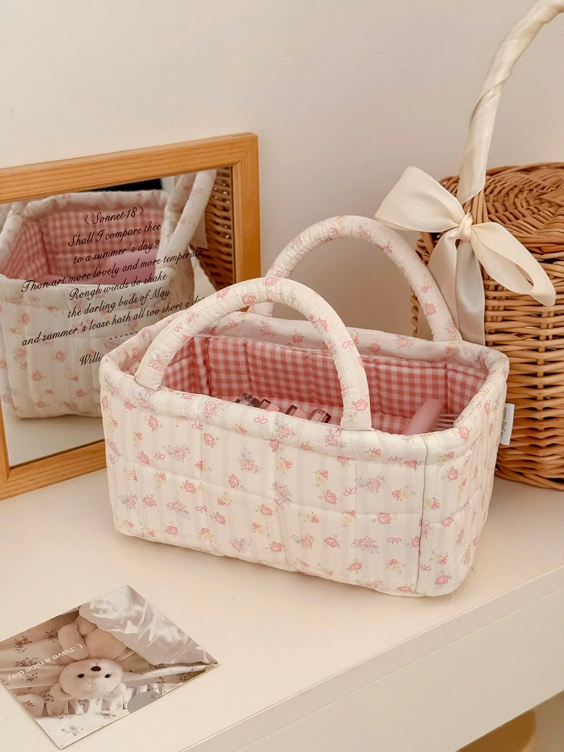 Quilted Floral Pet Toy Storage Basket with Handles