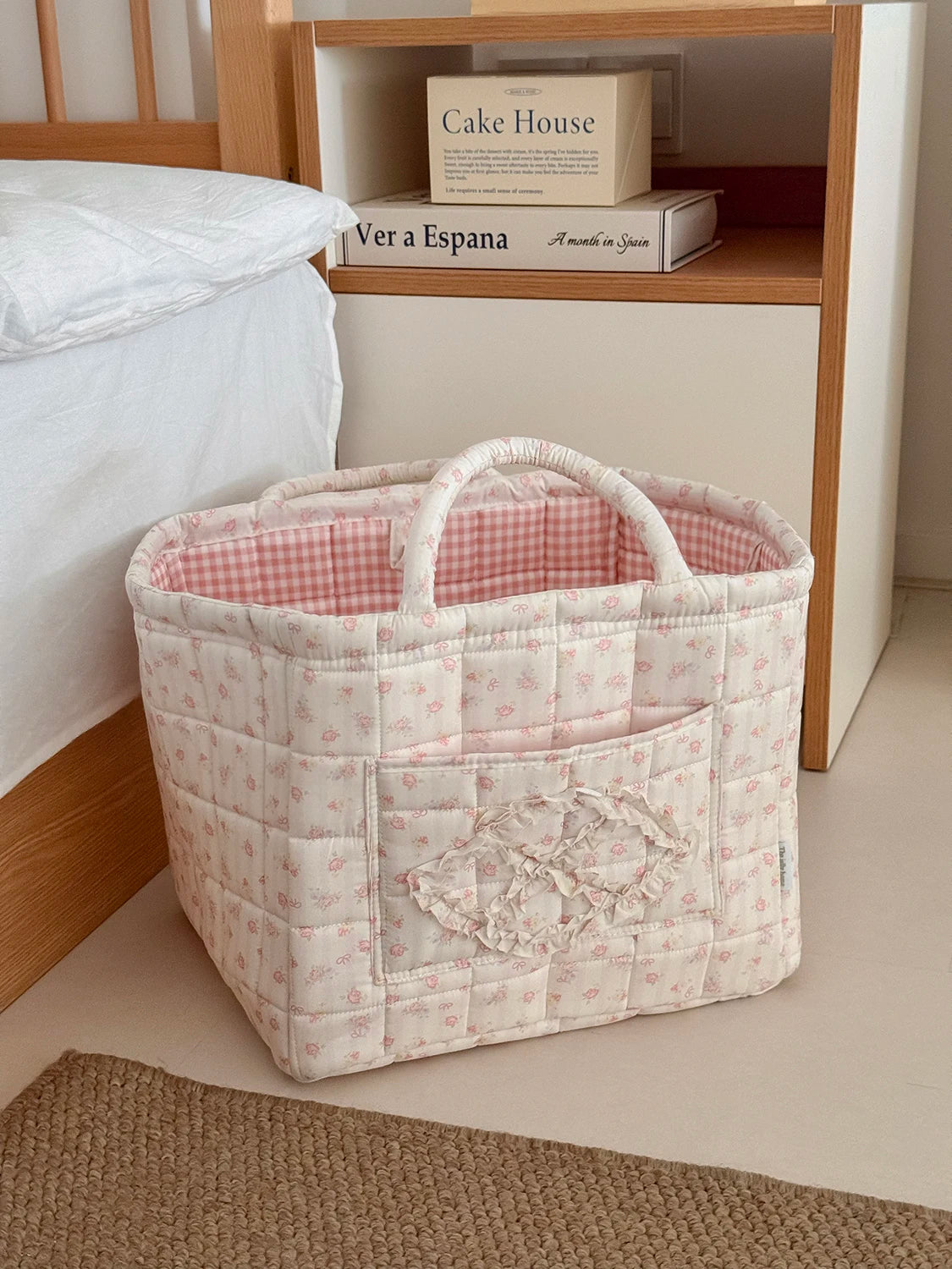Quilted Floral Pet Toy Storage Basket with Handles