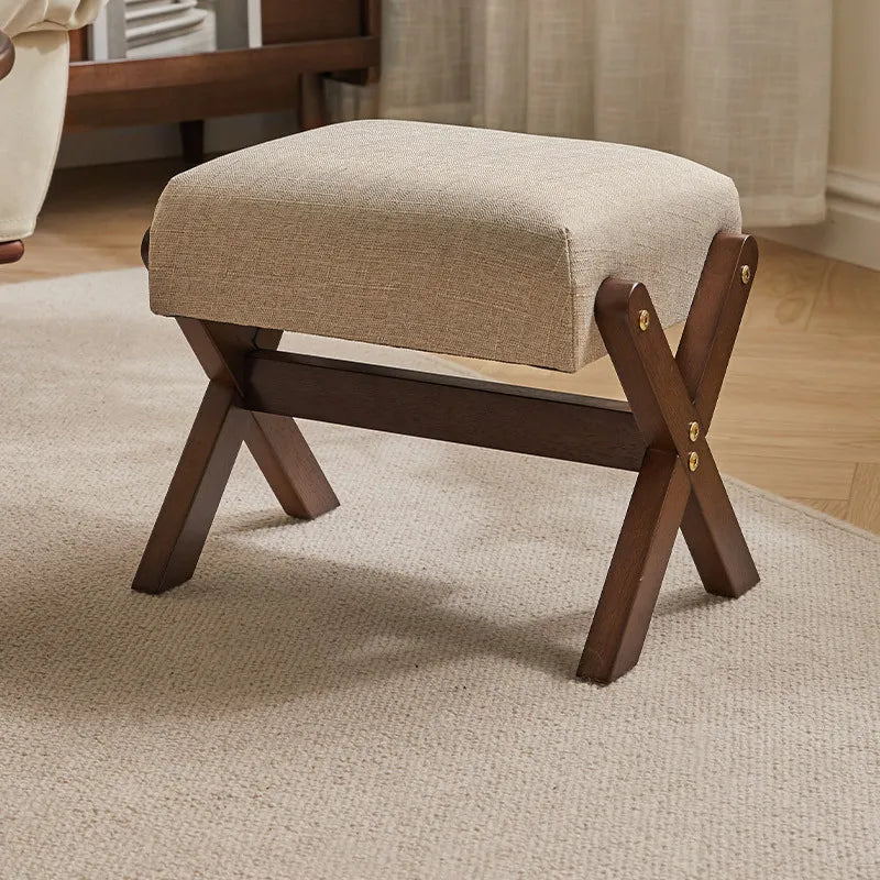 Antique-Style Cushioned Wooden Footstool