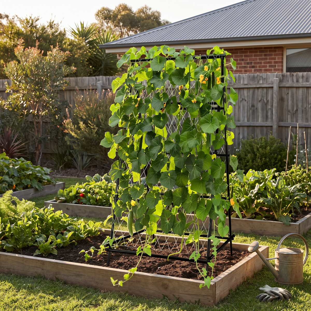 A-Frame Garden Trellis with Netting for Climbing Plants styled in a warm home setting