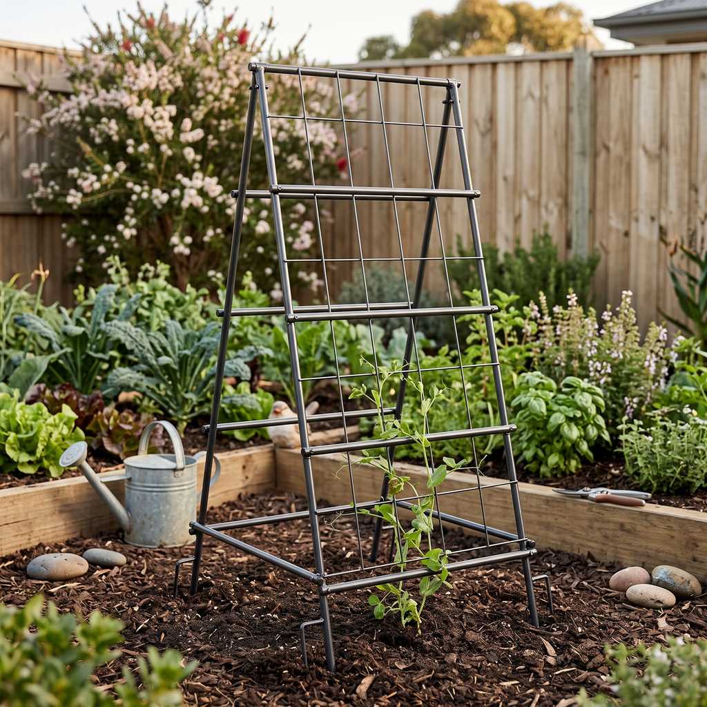 A-Frame Garden Trellis with Netting for Climbing Plants styled in a warm home setting