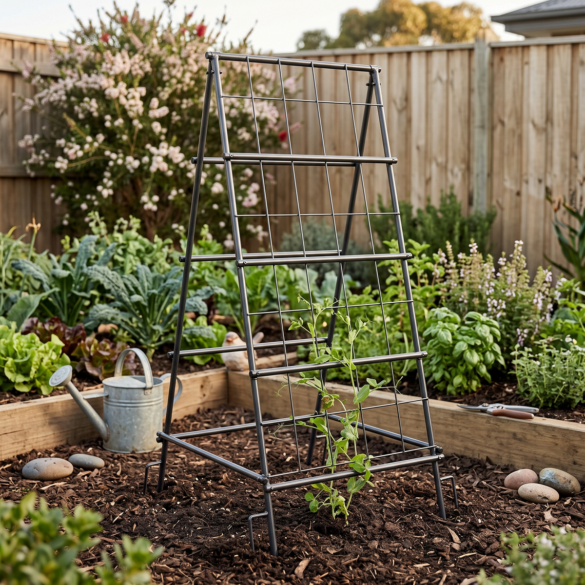 A-Frame Garden Trellis with Netting for Climbing Plants styled in a warm home setting