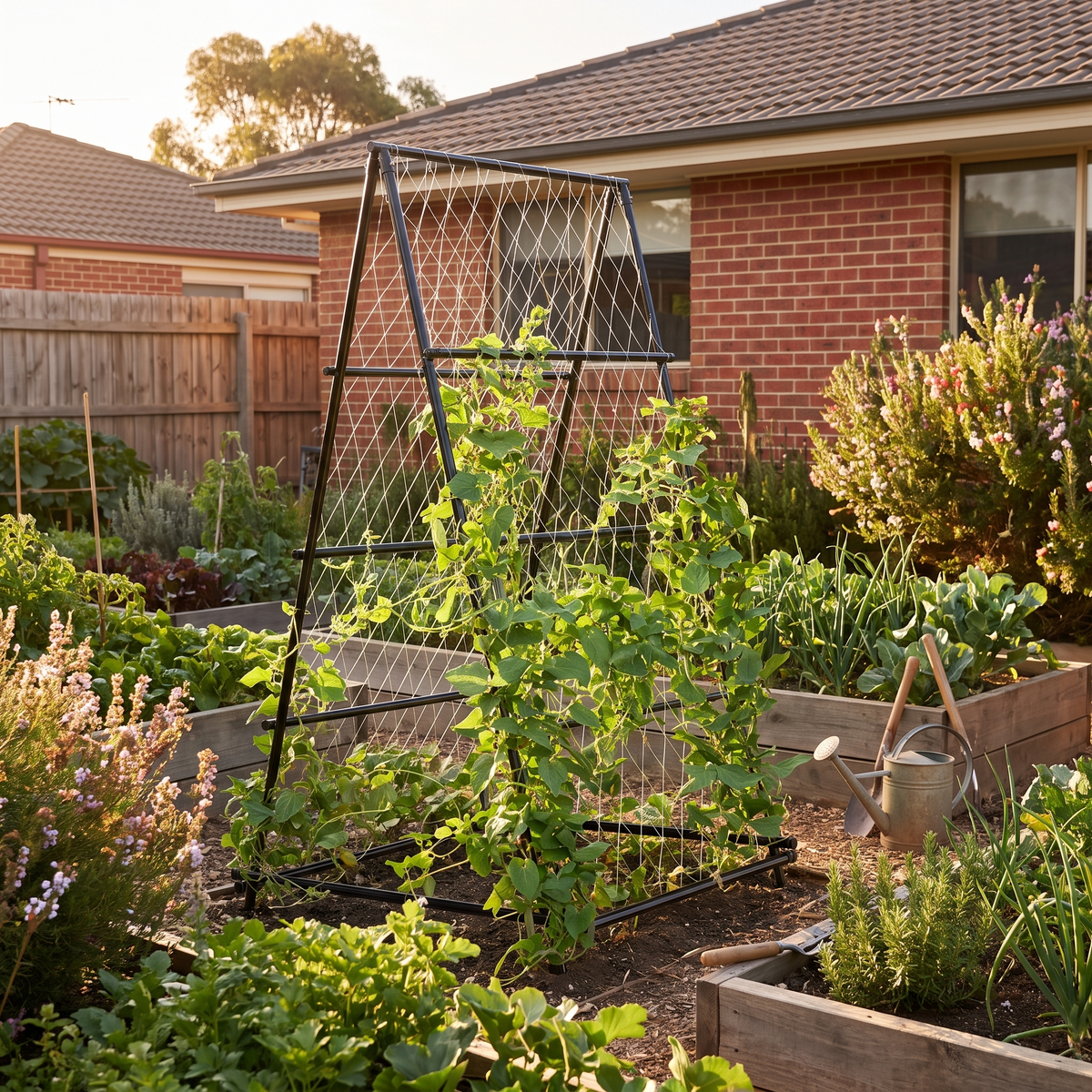 A-Frame Garden Trellis with Netting for Climbing Plants styled in a warm home setting