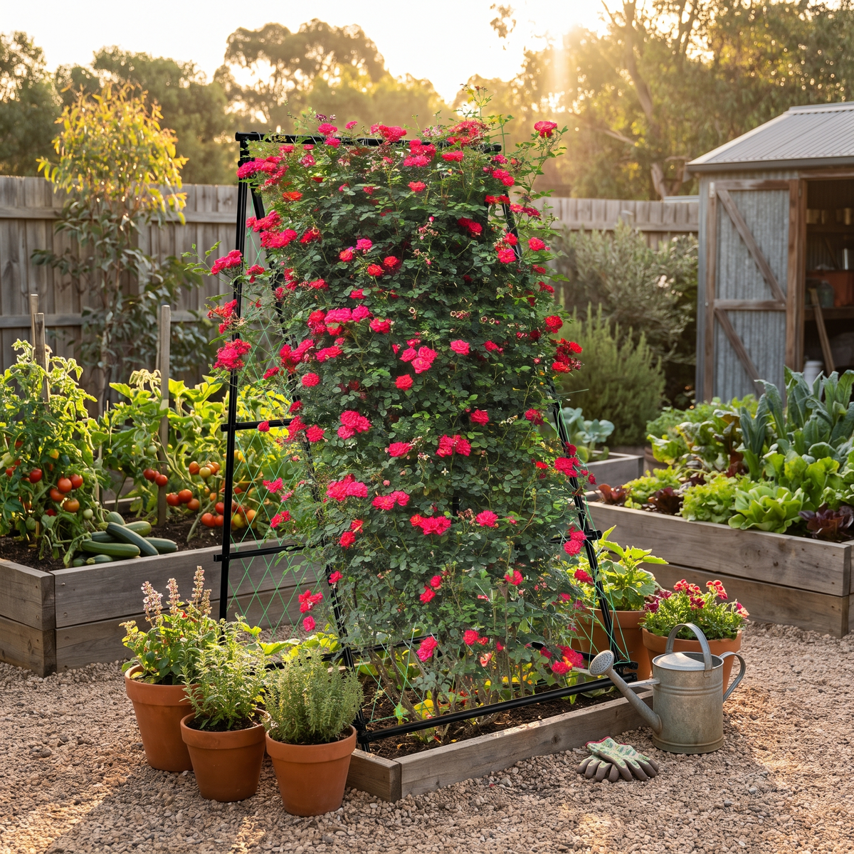 A-Frame Garden Trellis with Netting for Climbing Plants styled in a warm home setting