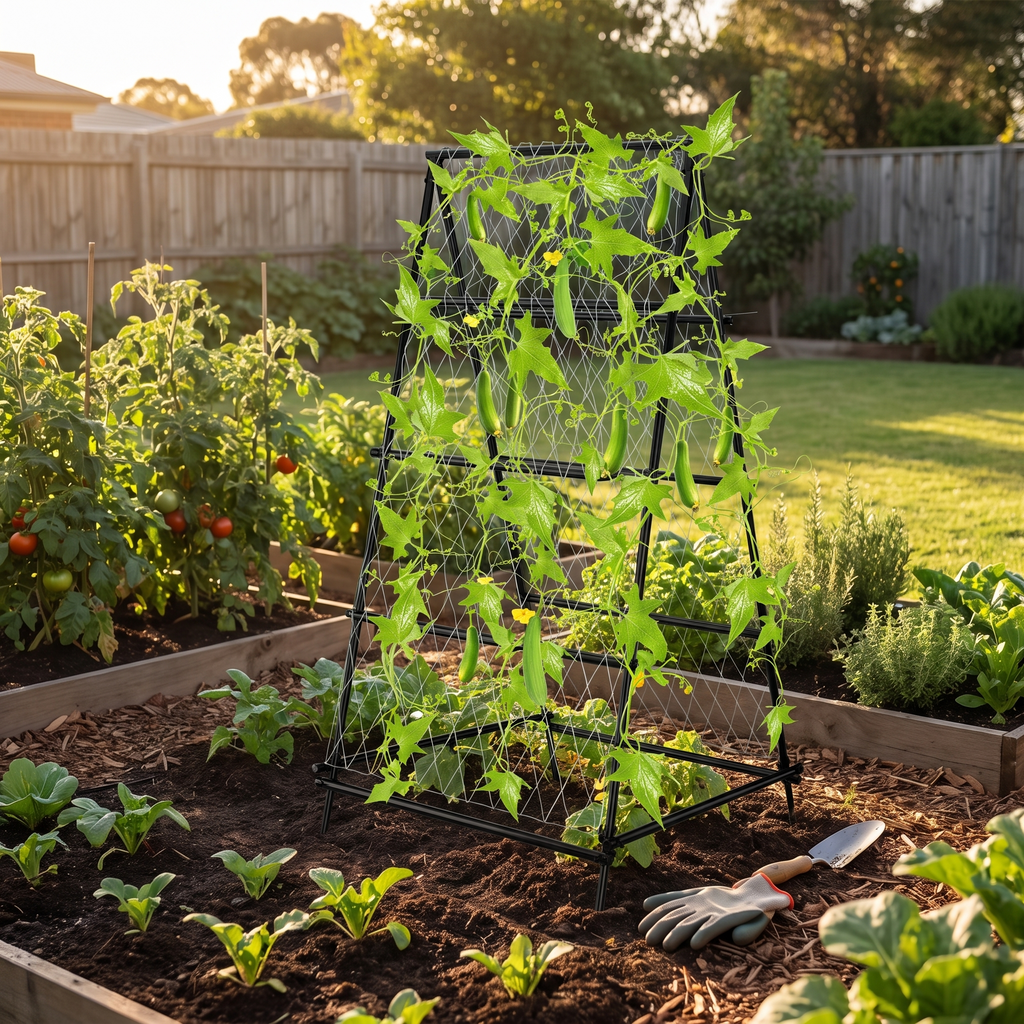 A-Frame Garden Trellis with Netting for Climbing Plants styled in a warm home setting