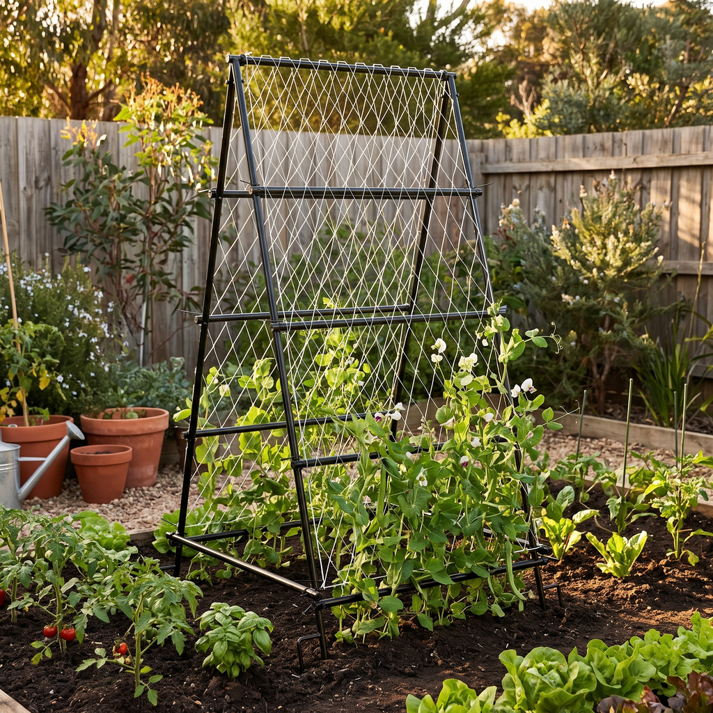 A-Frame Garden Trellis with Netting for Climbing Plants styled in a warm home setting
