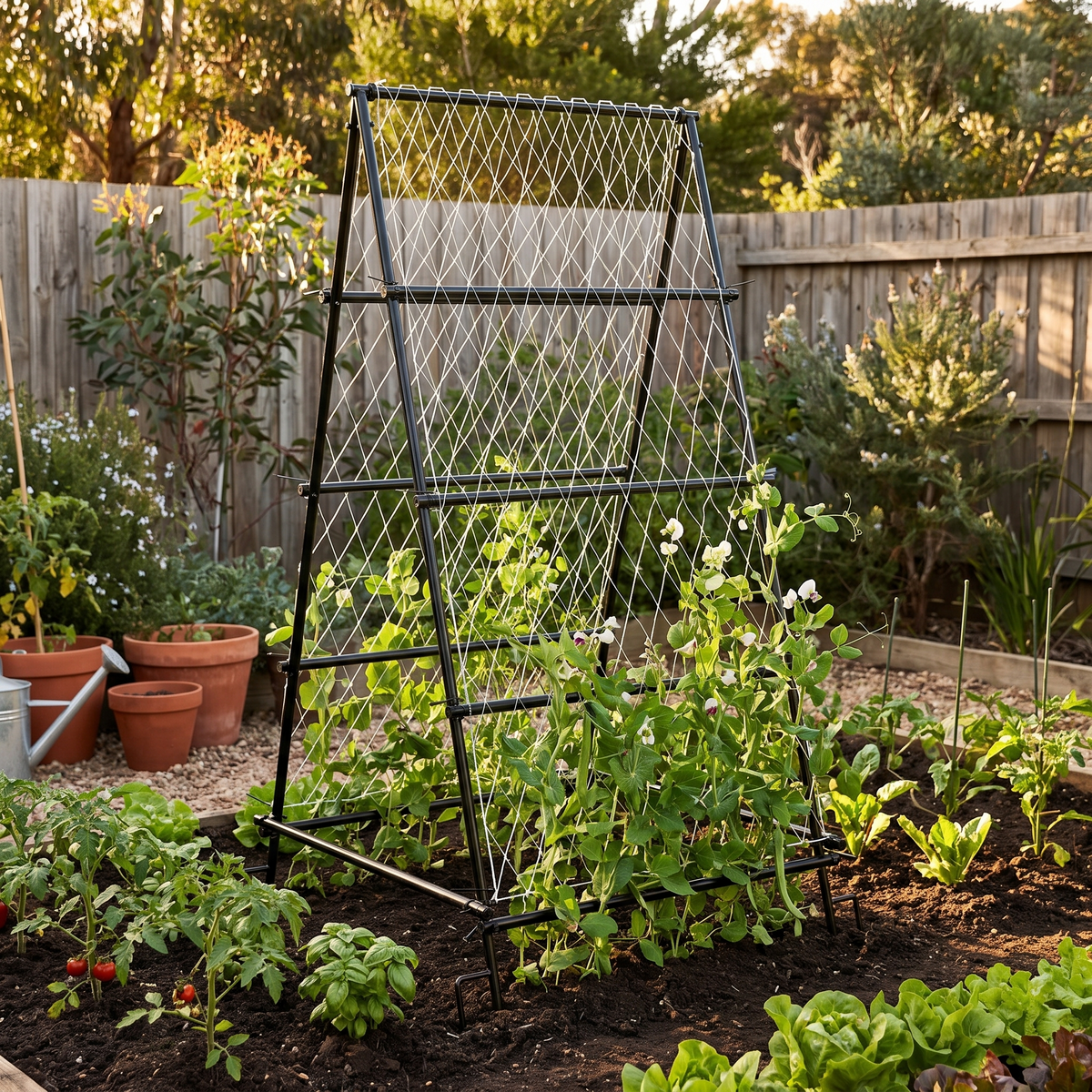A-Frame Garden Trellis with Netting for Climbing Plants styled in a warm home setting