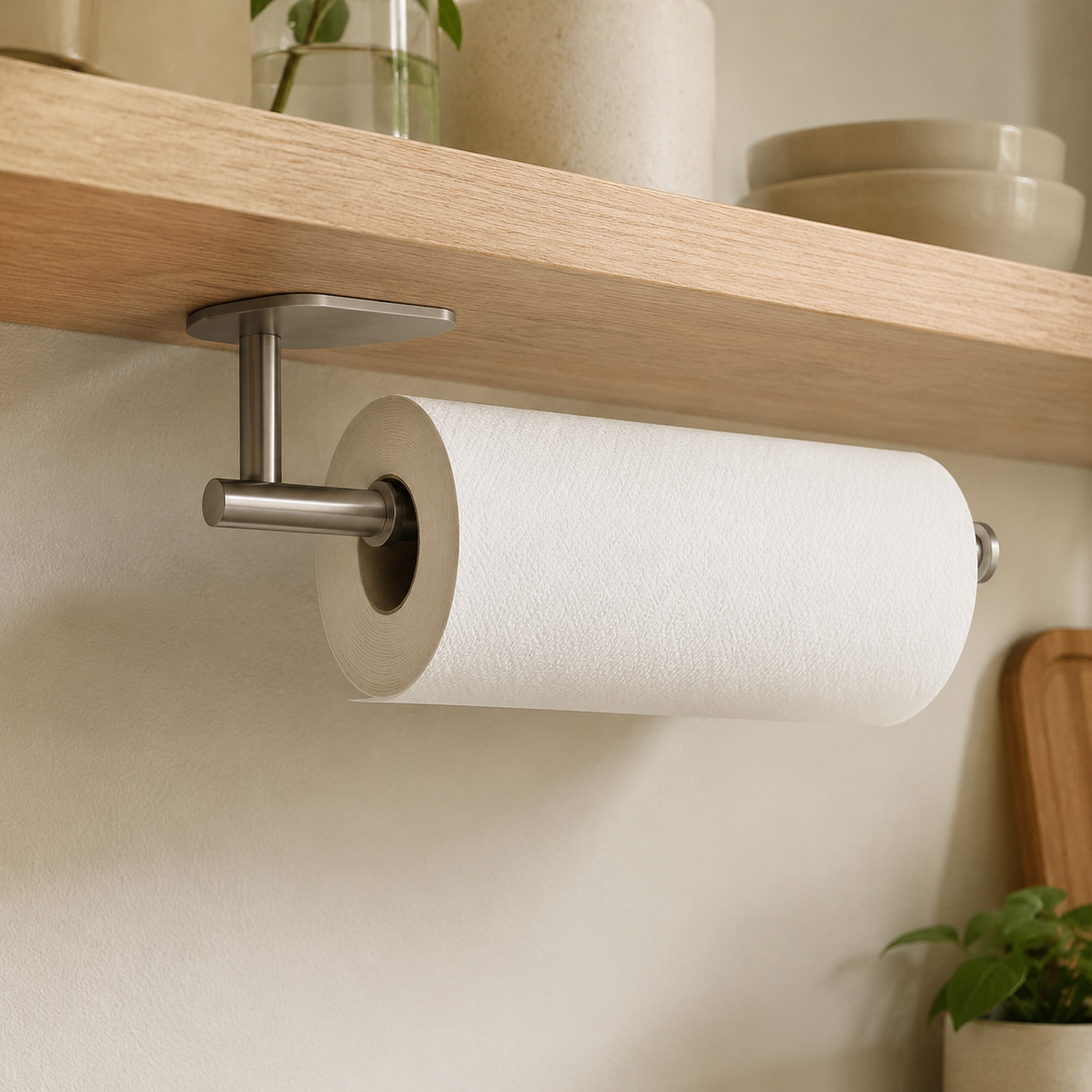Adhesive Paper Towel & Toilet Roll Holder | 1–2 Pack in a styled home or garden setting