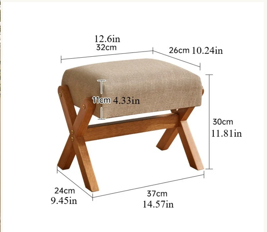 Antique-style cushioned wooden footstool dimensions: 37 cm wide, 24 cm deep and 30 cm high