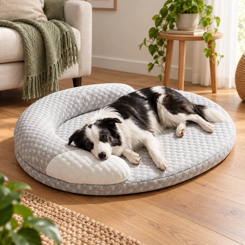 Breathable dog bed mat in a warm living room