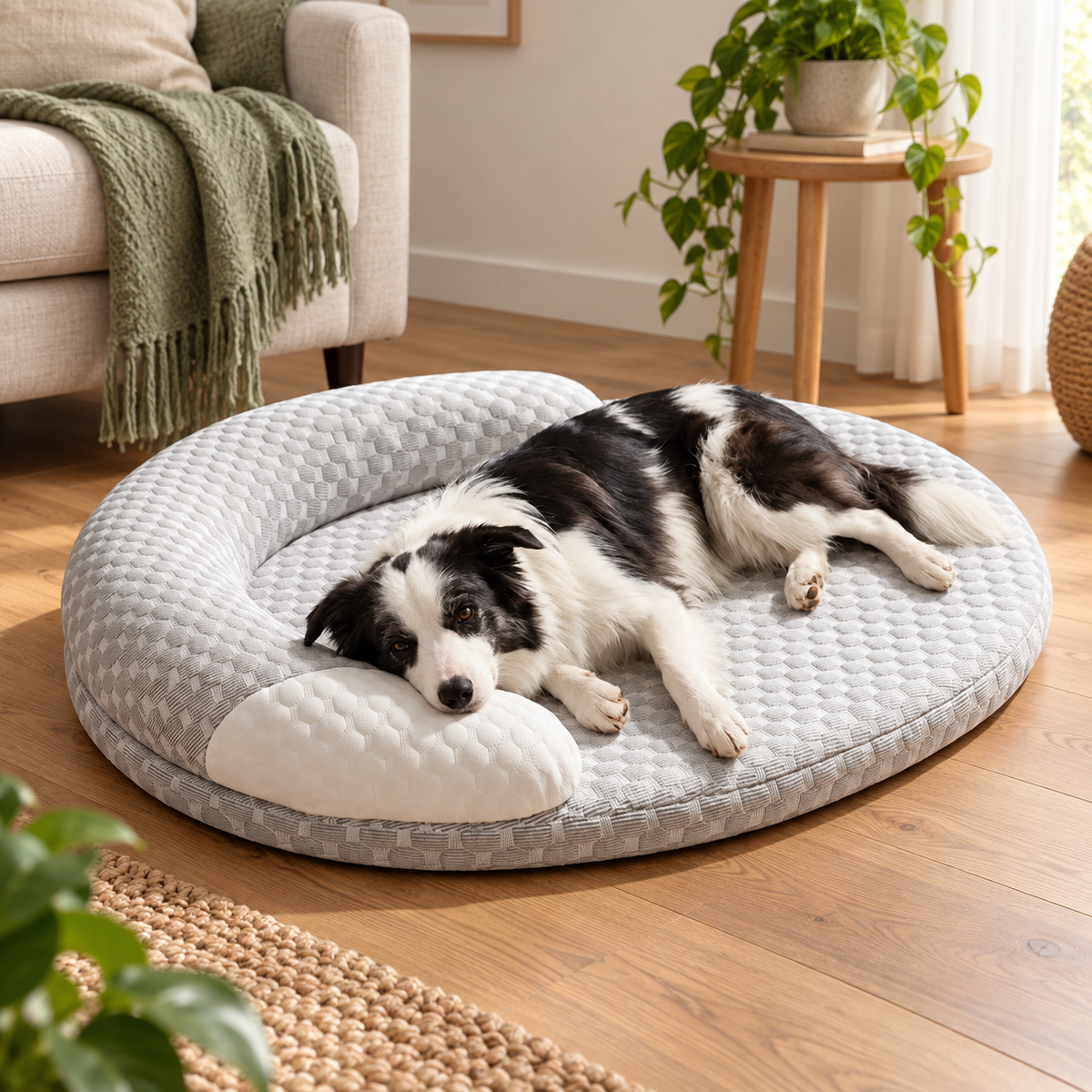 Breathable dog bed mat in a warm living room