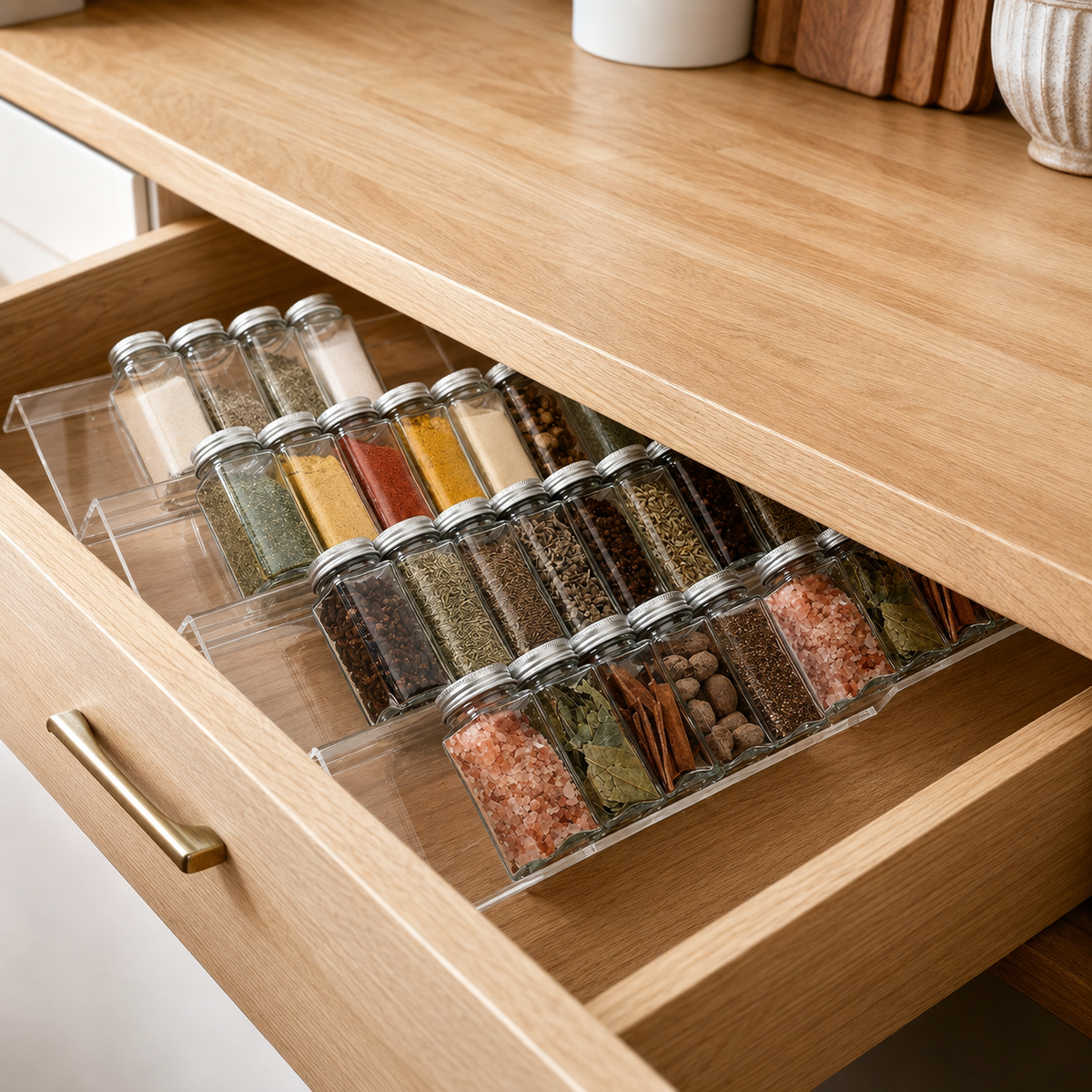 Expandable Acrylic Spice Drawer Organiser | 1–4 Piece Set in a styled home or garden setting