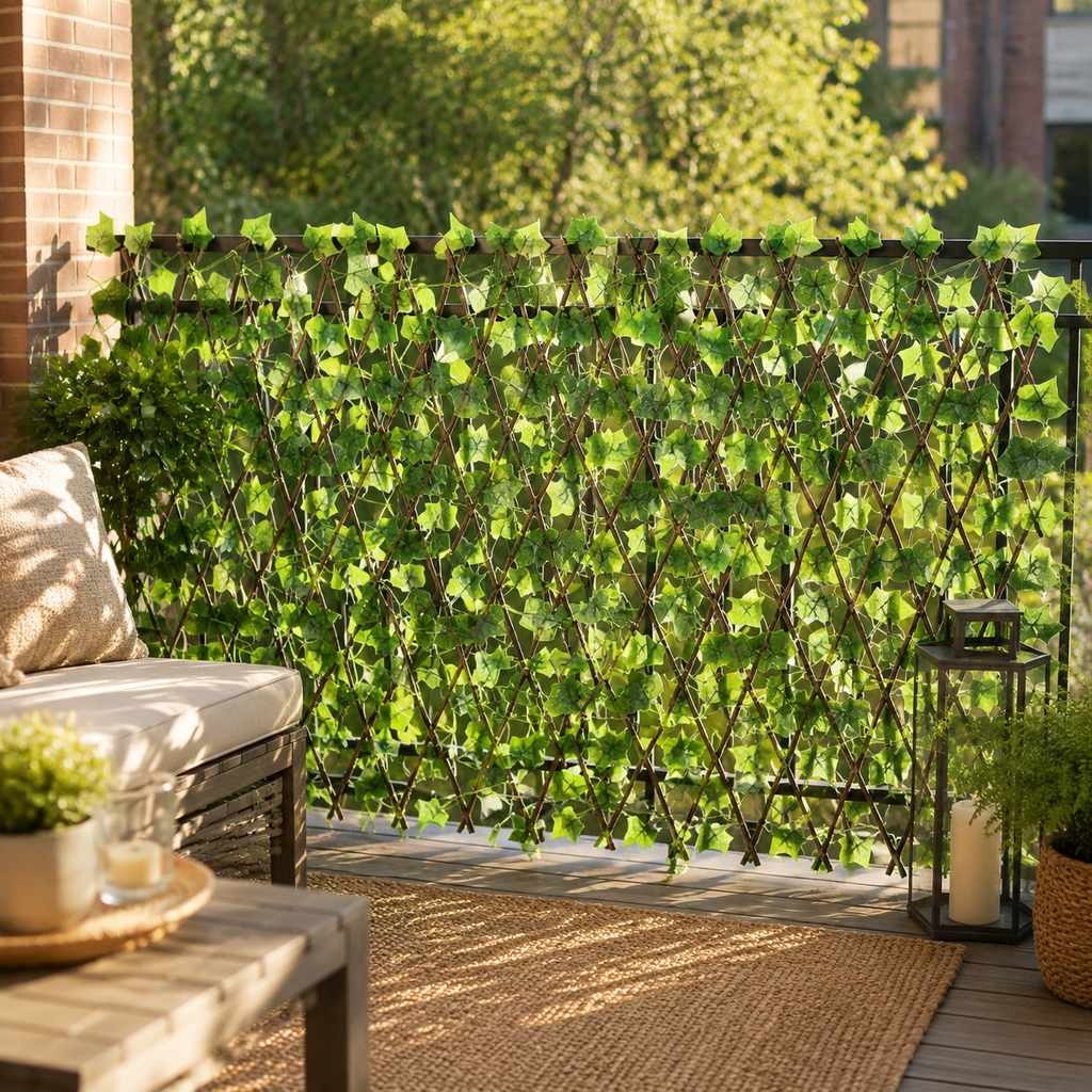 Expandable Faux Ivy Privacy Screen Trellis | Garden Fence Panel in a styled home or garden setting