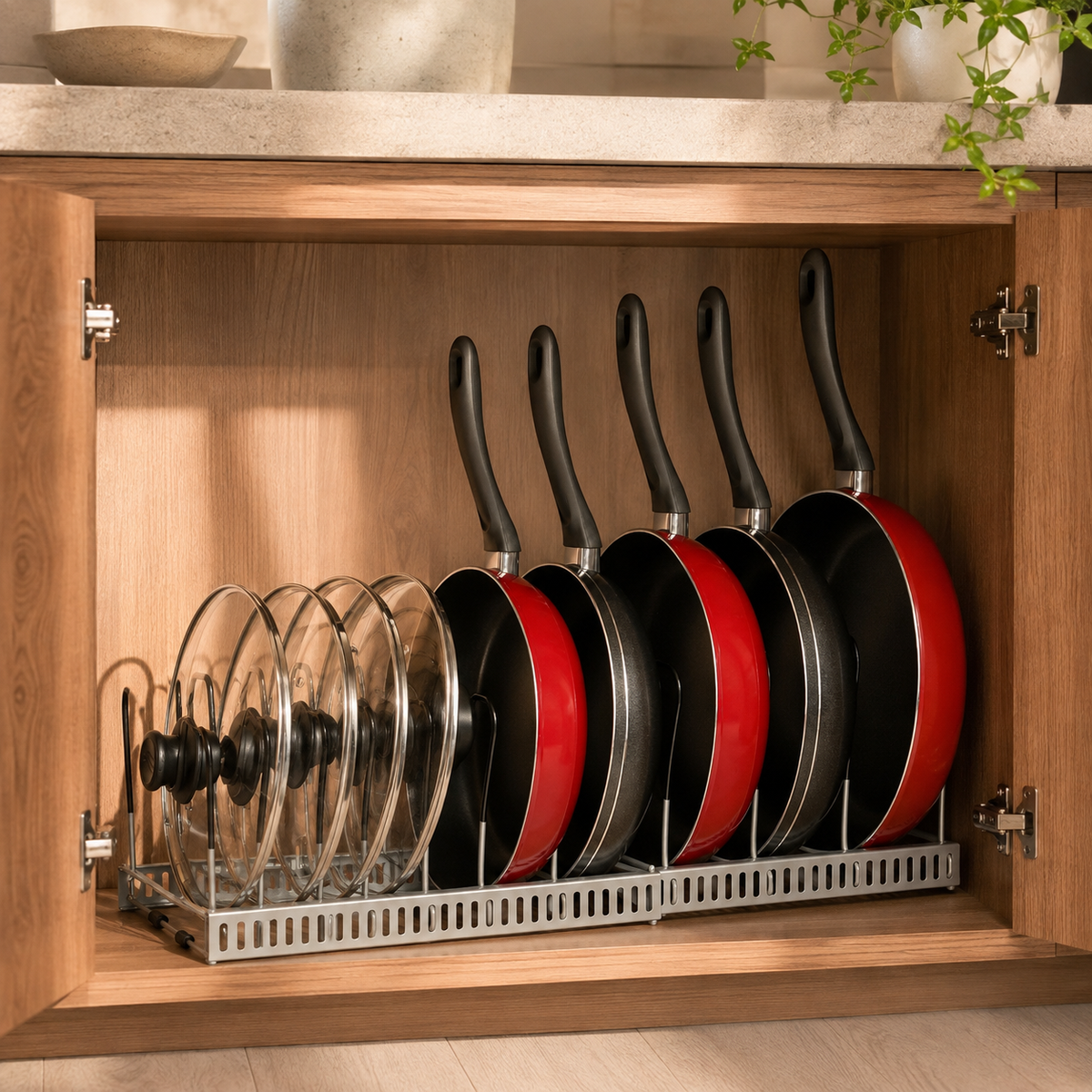 Expandable Pot & Pan Cabinet Organiser with Adjustable Dividers in a styled home or garden setting