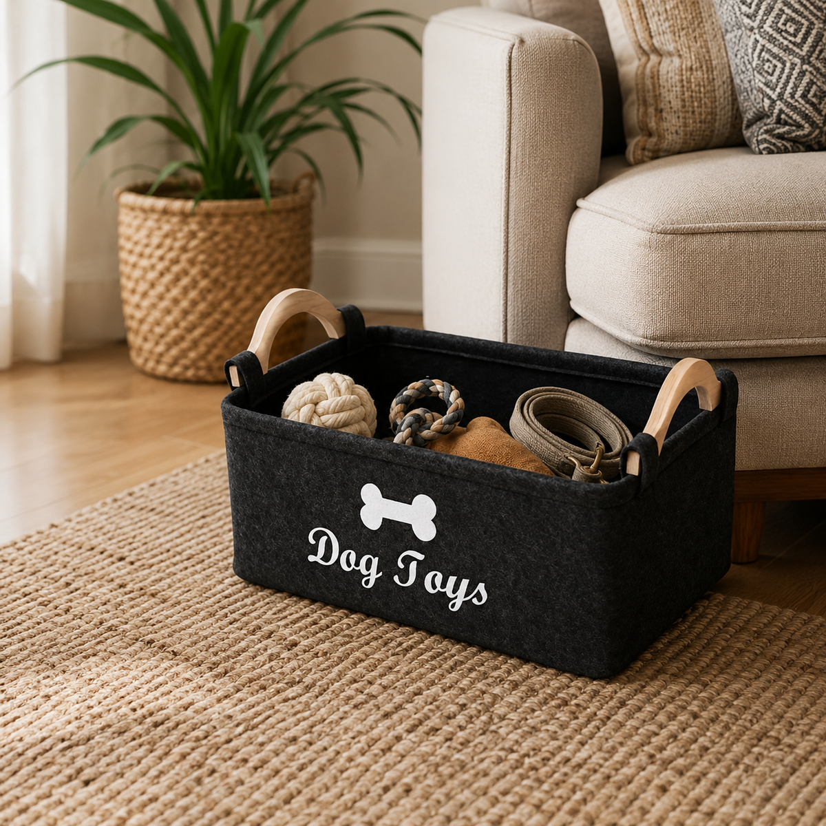 Felt Dog Toy Storage Basket | Black or Light Grey in a styled home or garden setting