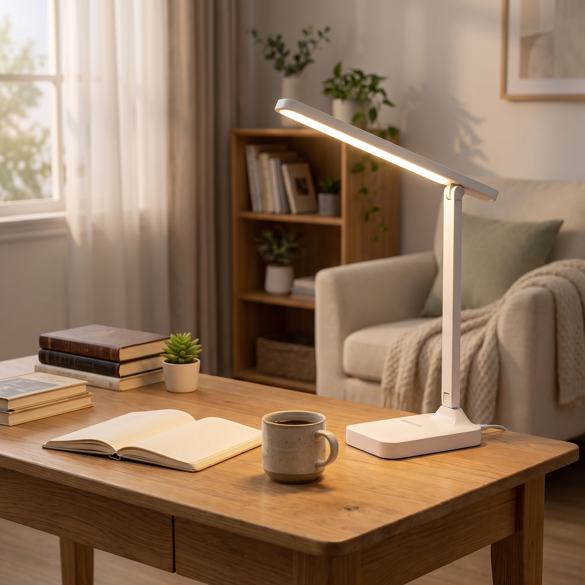 Foldable USB Desk Lamp | 3-Level Dimming & Rechargeable Option styled in a warm household setting