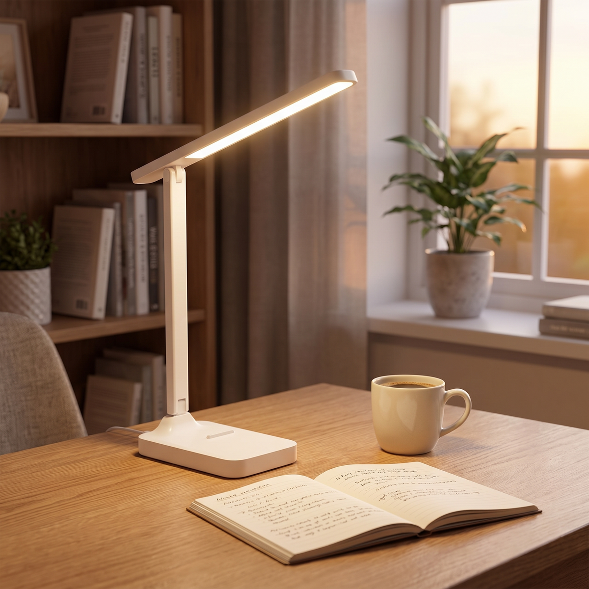 Foldable USB Desk Lamp | 3-Level Dimming & Rechargeable Option styled in a warm household setting