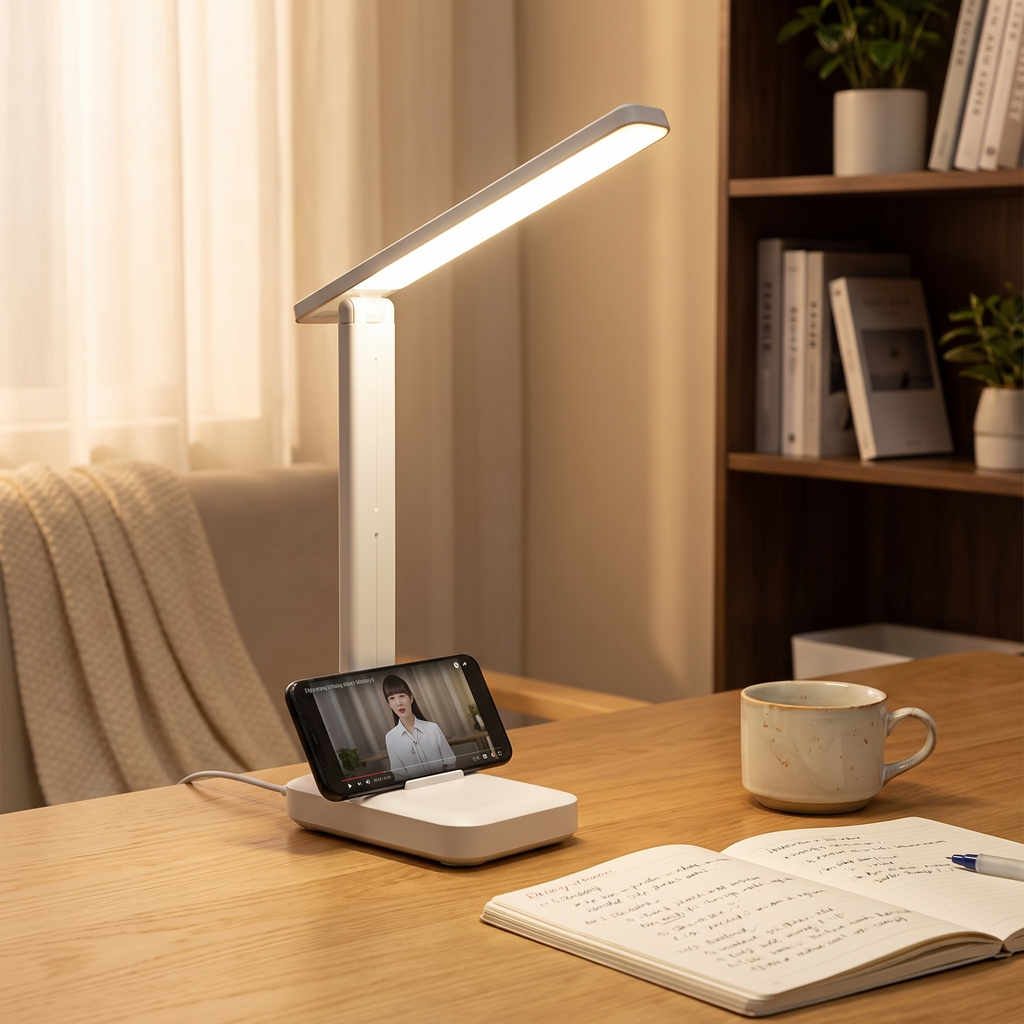 Foldable USB Desk Lamp | 3-Level Dimming & Rechargeable Option styled in a warm household setting
