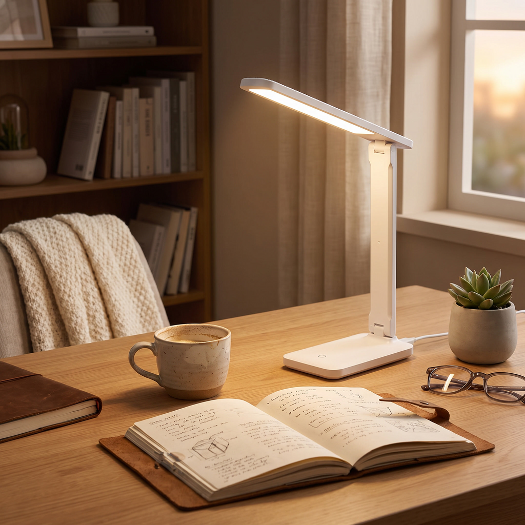 Foldable USB Desk Lamp | 3-Level Dimming & Rechargeable Option styled in a warm household setting